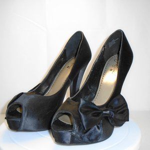 Platinum Black Satin After Six Open Toe Pump Size 8 M